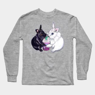 Boba bunnies - bunny rabbits sipping bubble tea - pair of cute furry ebony and snow colored coloured lionhead bunny rabbit Long Sleeve T-Shirt